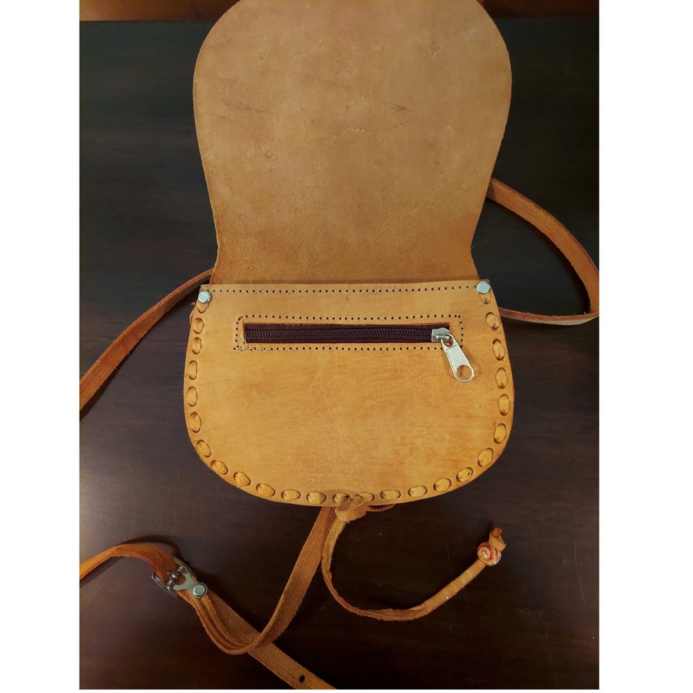 Hand Painted Indie Leather Crossbody Bag Artisan Surrealist Landscape Green Tan - Picture 4 of 5